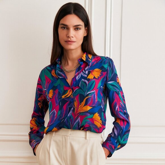 Harper + Blair London Long Sleeve Blouse NWT in Bold Tropical Print - Picture 1 of 13